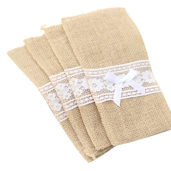 

hanging baskets 50pcs jute burlap lace cutlery pouch wedding tableware party decoration supplies fork and knife storage bag table