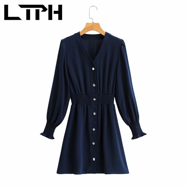 

french vintage solid high waist women dress v-neck long sleeve single breasted elegant dresses spring autumn 210427, Black;gray
