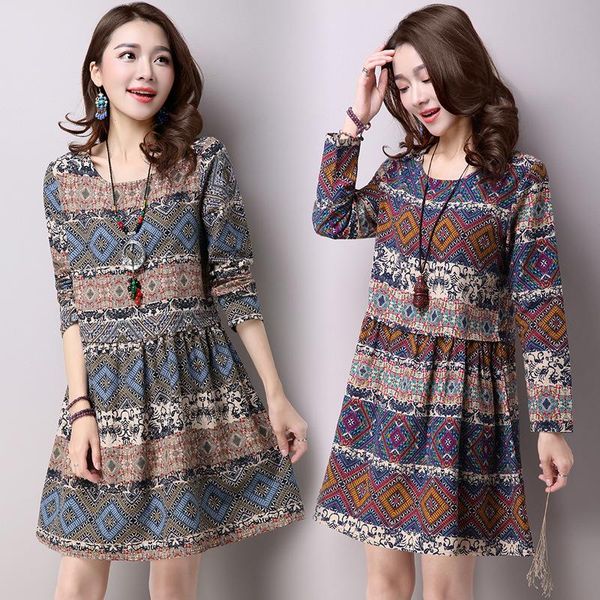 

casual dresses spring and autumn retro ethnic style cotton linen large size mid-length women's hedging printing long-sleeved dress wome, Black;gray