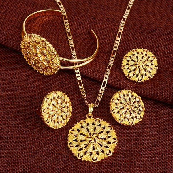 

earrings & necklace ethiopian jewelry set pancake pendant chain earring ring bangle big flower jewellery eritrea habesha wedding african, Silver