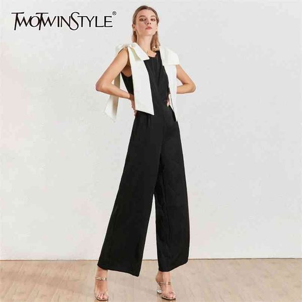 

bowknots patchwork women jumpsuit o neck sleeveless hit color party jumpsuits female summer fashion 210521, Black;white