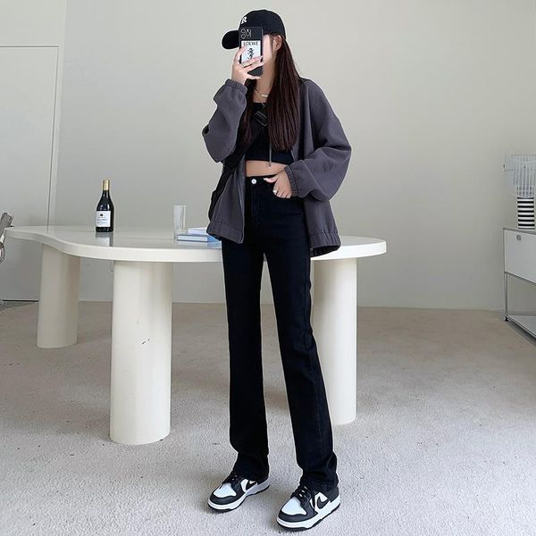 

women's jeans 2022 spring black small straight stretch women high waist slim loose pipe pants fashion, Blue