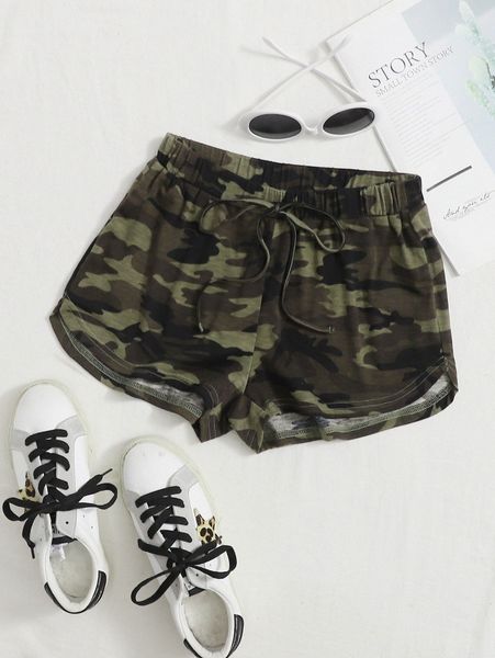 

plus camo print drawstring shorts t91m#, Black