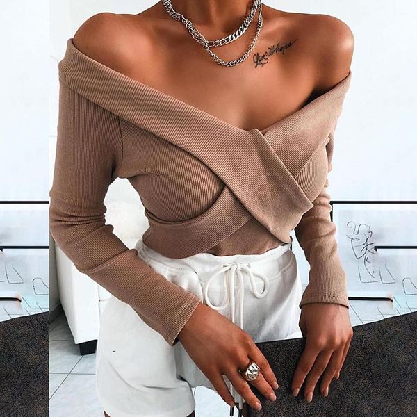 

women's t-shirt women long sleeve v neck off shoulder 2021 winter autumn solid khaki streetwear ladies slim party sj4713c, White