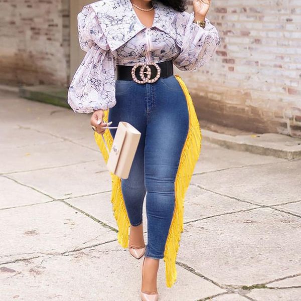 

women's jeans fashion yellow tassel skinny for women high waisted vintage blue pencil denim trousers plus size female slim winter pants