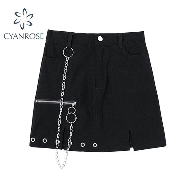 

black gothic punk style skirt women streetwear metal chain patchwork high waist skirts summer zipper split a-line jupes 210515