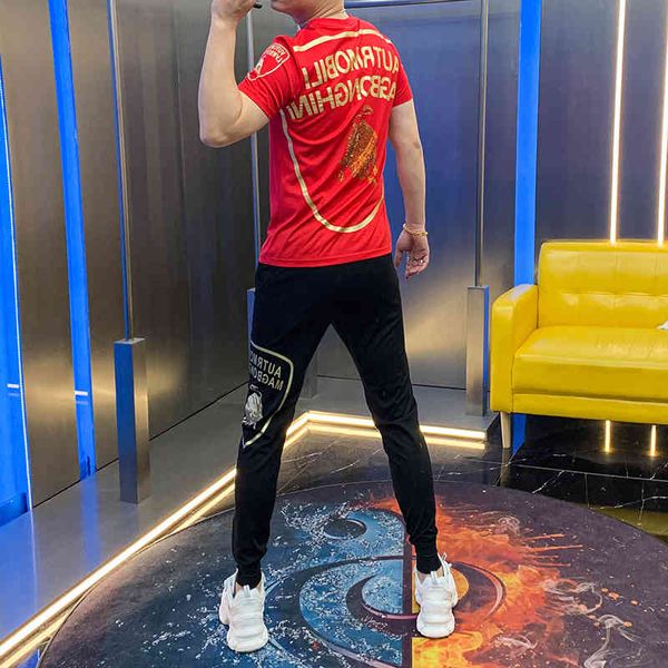 

hoodies summer short-sleeve pants drill men's suit this year's taurus life printed rubber letters combine two sets, Black