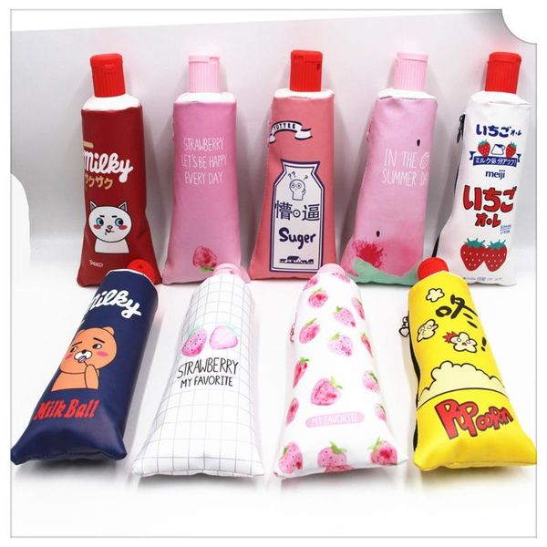 

1pc strawberry toothpaste pu pencil case with sharpener stationery storage bag school supplies for girl students gifts bags
