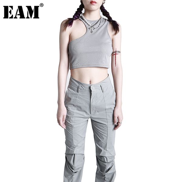 

[eam] women gray irregular short tank round neck sleeveless personality fashion spring summer 1dd7683 21512, White