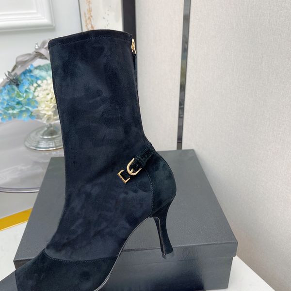 

21: 22 autumn and winter boots the latest style pearl high-heeled shoes highs-quality elastic leather shoess shigh-heeled .5cm ladies, Black