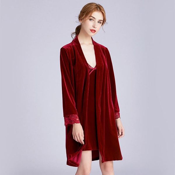 

women's sleepwear women velour kimono bathrobe 2021 silky bride bridesmaid wedding robe set 2pcs casual home clothes nightwear, Black;red