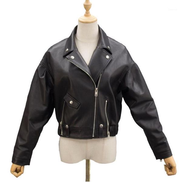 

women's jackets women loose sheep leathe jacket black motercycle soft coat with stretch hem ladies short zipper overcoat, Black;brown