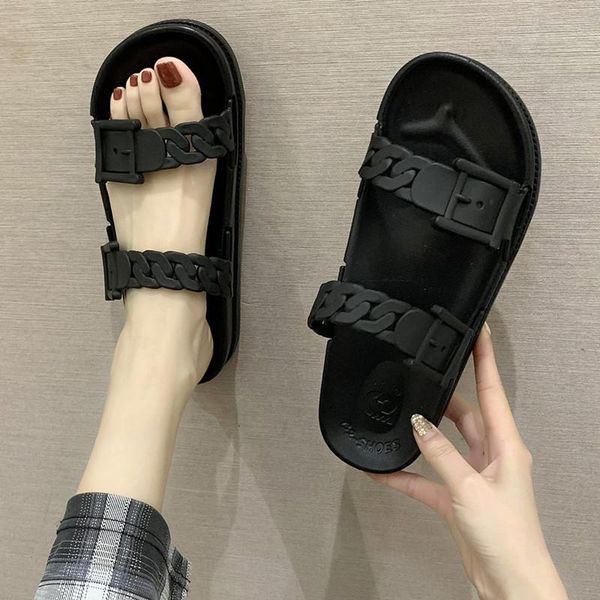 

slippers 2021 for women's summer wear fashion double strap buckle platform flops beach flat sandals, Black