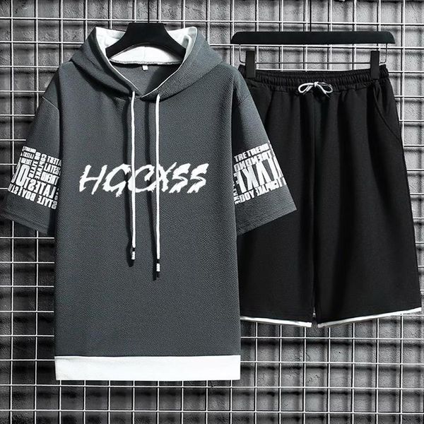 

summer casual two piece mens tracksuit shorts amp t shirt fashion sports clothing hip hop suit hooded set, Gray
