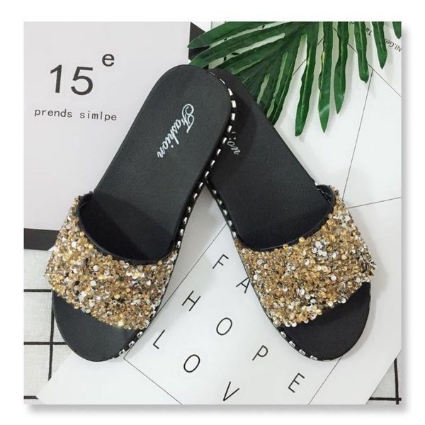 

outdoor women's slippers fashion all-match sequin sandals and thick-soled home beach shoes women, Black