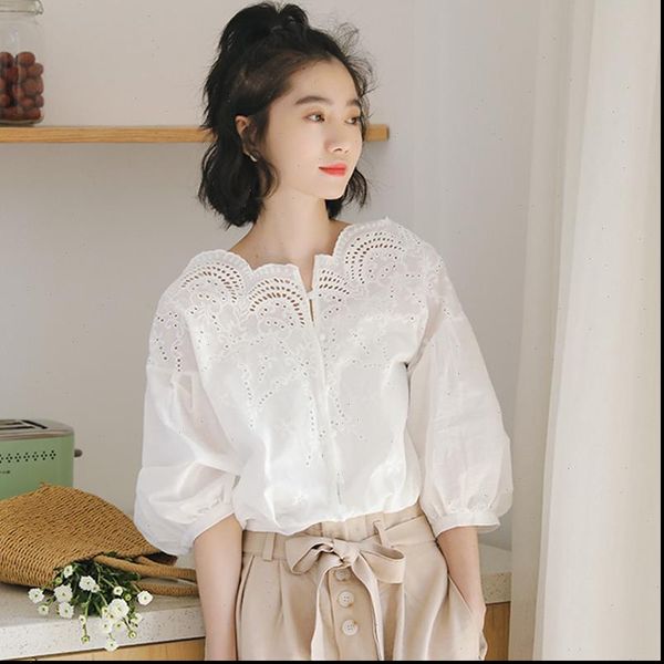

summer vintage white lacing womens shirts hollow out shirt women slash neck puff sleeve loose slim female top