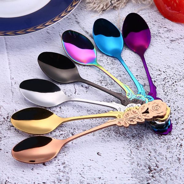 

spoons design gold plated teaspoon strring long handle rose flower tea coffee spoon tableware kitchen gadget ice cream tools