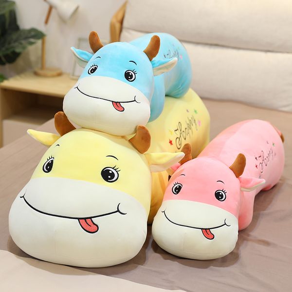 

50100cm happy cattle plush toy squishy down cotton filled lying animal blue yellow pink milk cow sleeping friend for children