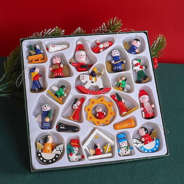 24 pçs / definir árvore de Natal ornamento personagem conjunto de pingente caixa de presente de madeira fantoche pintado à mão decoração home sd07