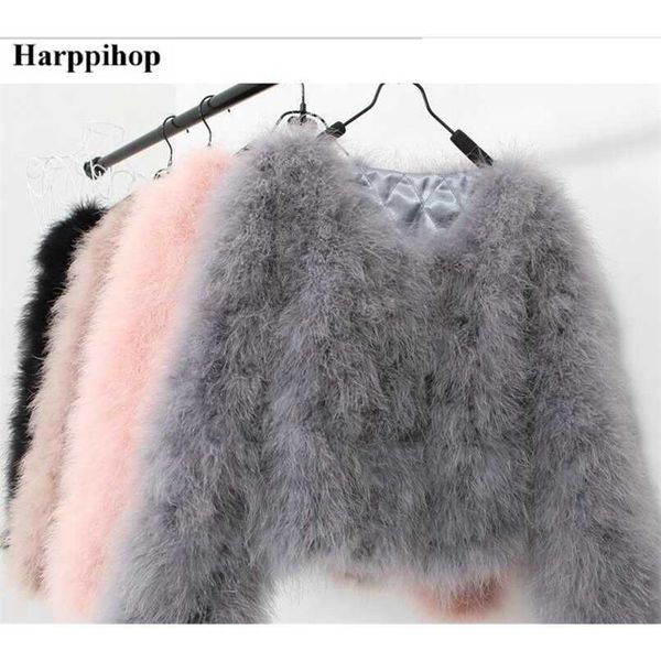 Harppihop 13 colori moda sexy lana di struzzo pelliccia di tacchino donne cappotto piuma corta plus size giacca festival invernale manica lunga 211018