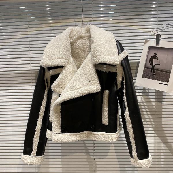 

women's fur & faux high street est fashion 2021 winter designer jacket stylish leather coat overcoat, Black