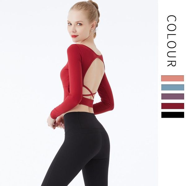 

yoga outfits women clothes crop shirt long sleeve sportswear tight backless fitness t slim fit gym sports wear shirts, White;red