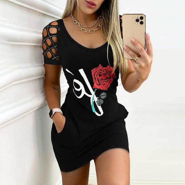 

fashion elegant female u neck bodycon mini party dress hollow out short sleeve rose print women summer short dresses 210716, Black;gray
