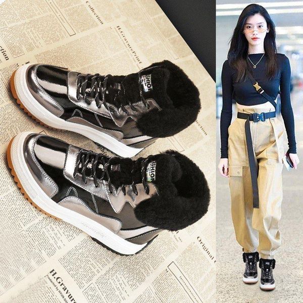 

boots warm plush winter for women shoes woman 2021 autumn thick bottom chunky sneakers solid leather ankle plus size, Black