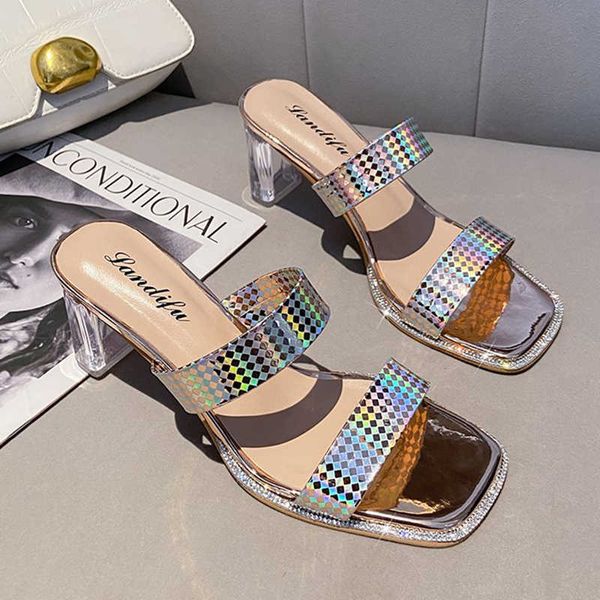 

rimocy gold rhinestones high heel slippers women fashion square toe crystal sandals woman summer shoes female 210528, Black