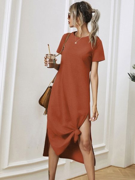 

solid split hem tee dress y6y9#, Black;gray