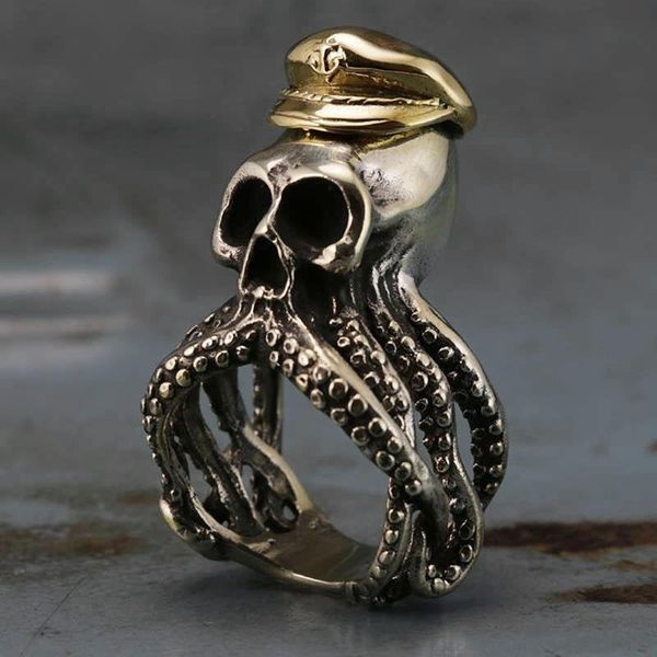 

mens 316l stainless steel ocs squid tentacle skull captain rings navy military fashion punk biker jewelry, Silver