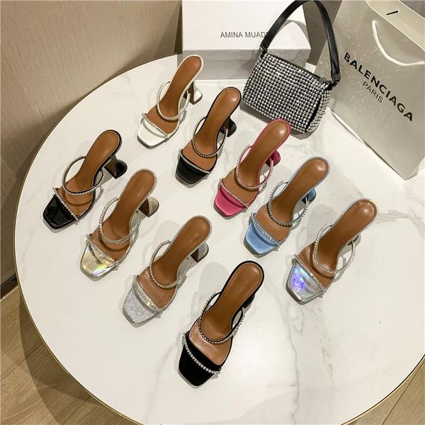 

sandals 2021 women's square toe high heel rhinestone, Black