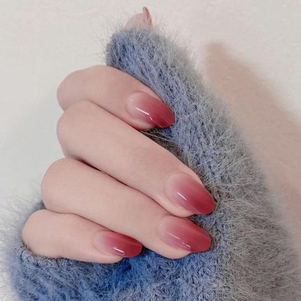 

false nails 24pcs ins fashionable gradient color nail patch round head long bright girls wearing manicure hands decor ne, Red;gold