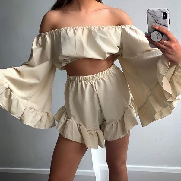 

women's tracksuits women y2k style two-piece clothes set solid color off-the-shoulder long flared sleeves crop and shorts s/ / l, Gray
