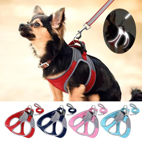 

dog collars & leashes nylon harness leash set reflective bull step in pet pug harnesses lead for small medium dogs blue pink s m l