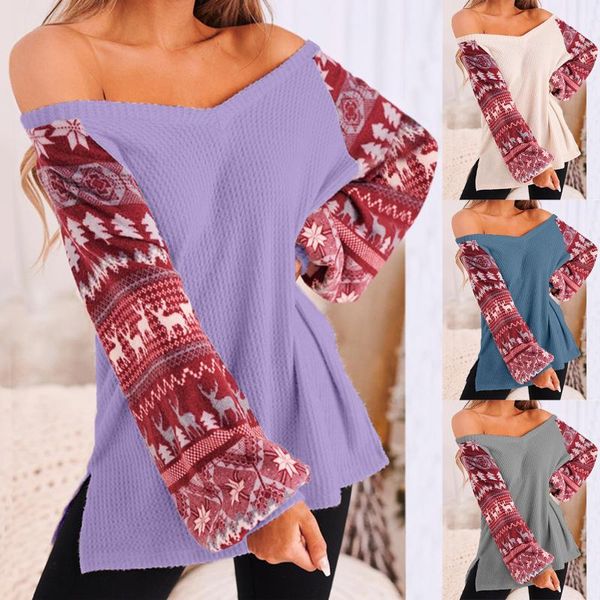 

women's sweaters 2021 shirts winter v-neck side slit knitted christmas printed lantern sleeve streetwear sweater blusa #8, White;black