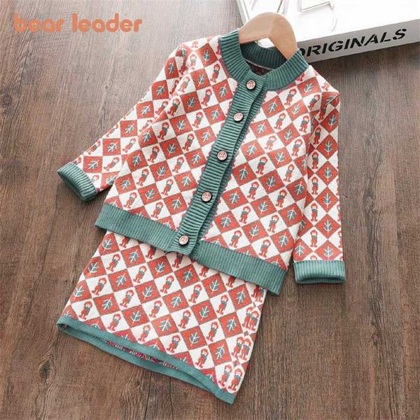 

bear leader girls casual clothing sets autumn brand geometric pattern sweater suspender skirt fashion outfits 2-7 y 211020, White