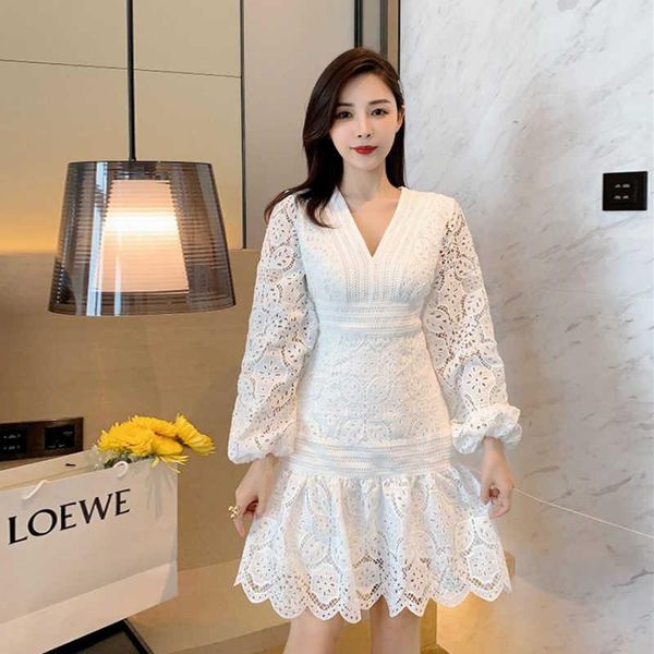 

casual dresses embroidery lace a-line autumn party spring elegant boho mini dress high waist long sleeve 2021 runway women, Black;gray