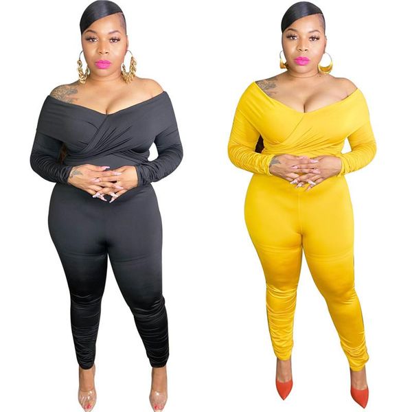 

gym clothing plus size 2xl-5xl off shoulder v-neck ruched sleeve jumpsuit street long slim romper fashion casual one piece overalls, White;black