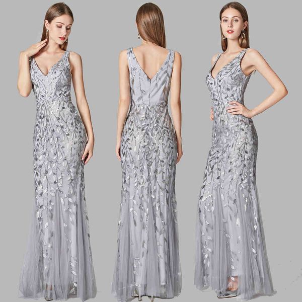 

party dresses silver gray elegant fashion evening simple v collar open back sleeveless embroidered beads fishtail dress gown, White;black