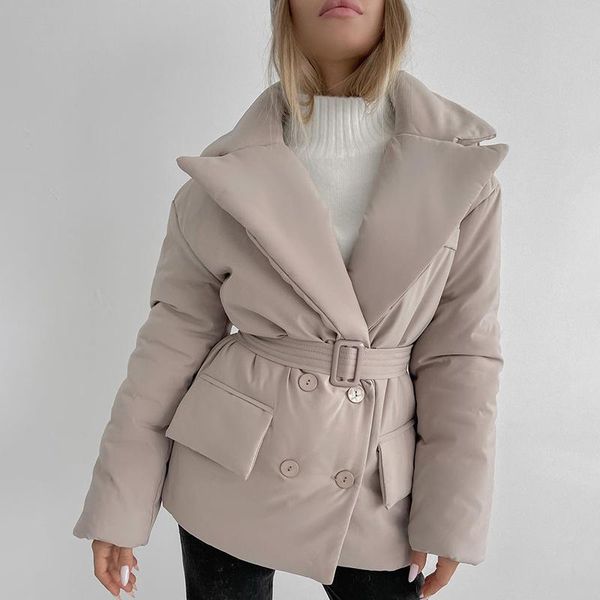 

fashion simple notched parkas women elegant double breasted coats solid pockets tie belt cotton jackets ladies women's down &, Black