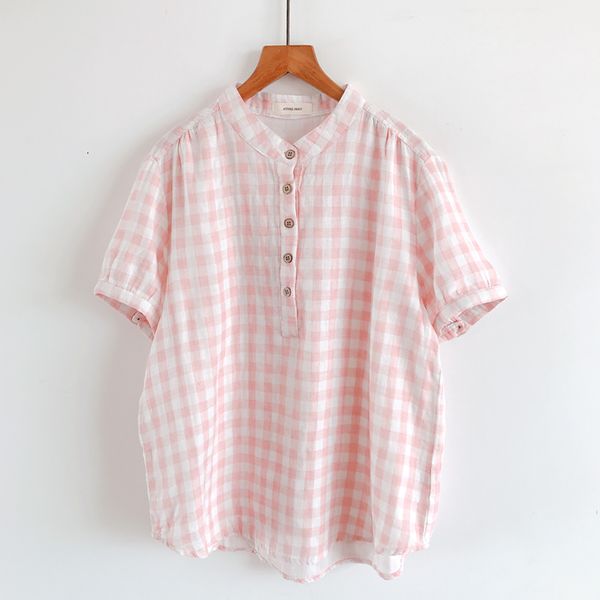 

women's blouses & shirts lamtrip sweet pink plaid soft cotton yarn short lantern sleeve stand collar shirt 2021 summer 6du6, White