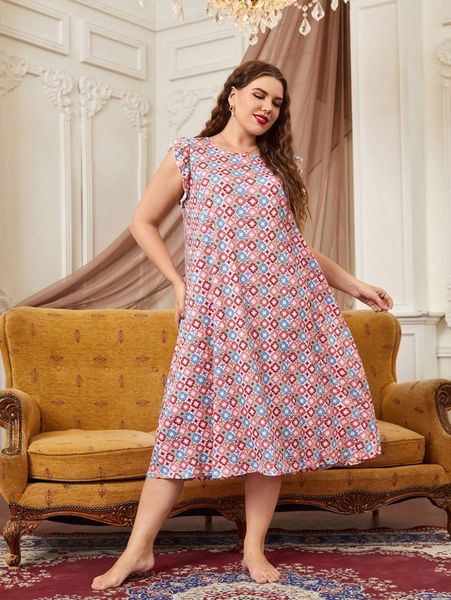 

plus polka dot & geo print ruffle trim nightdress h9qr#, Black;white