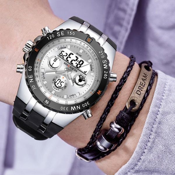 

wristwatches men watch fashion dual display wristwatch analog digital sports waterproof clock relogio masculino 2021, Slivery;brown