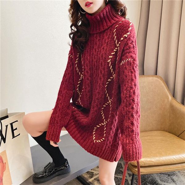 

women's sweaters pullovers turtleneck wine red autumn winter warm twisted knit ladies loose vintage year, White;black