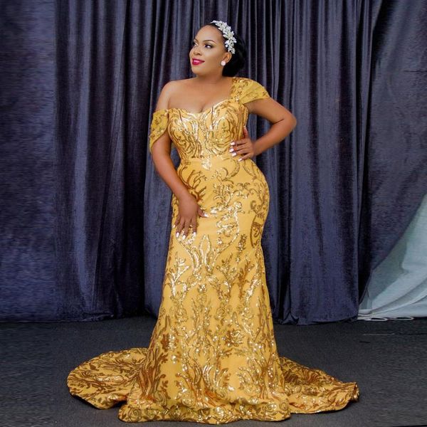 

party dresses aso ebi plus size evening long african sequins lace appliques mermaid prom dress shniny off shoulder robes de soirÃ©e, White;black