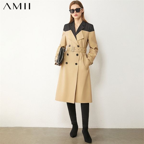 

minimalism autumn winter fashion women's trench coat causal spliced lapel belt temperament windbreaker 12040554 210527, Tan;black