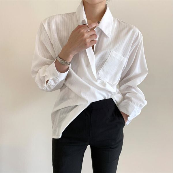 

ol elegant lapel striped basic shirt women chic formal work wear blouses loose long sleeve blusas 210421, White