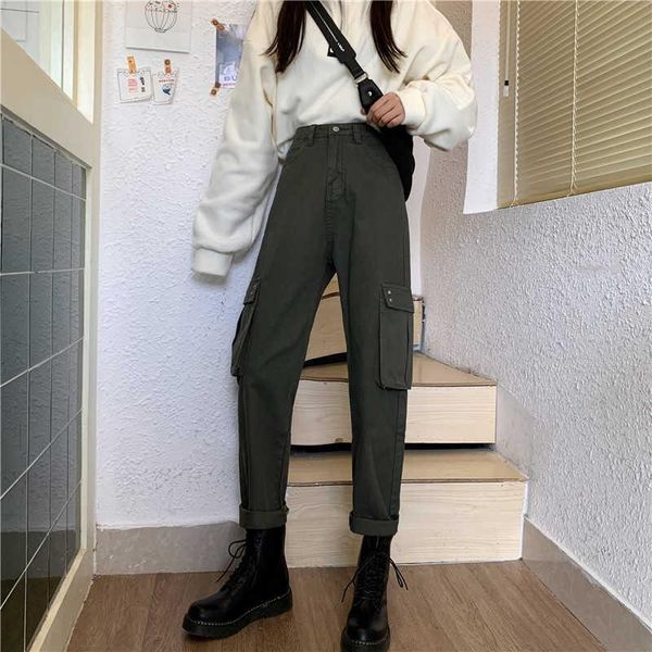 

women's pants & capris 2021 korean style trousers women autumn winter solid high waist woman wide leg cargo casual cool pantalon lady, Black;white