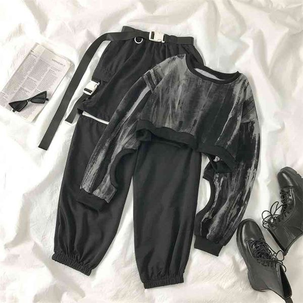 

spring autumn women's suit korean ripped tie-dye long sleeve + detachable legs personalized workwear pants sets gx592 210507, White